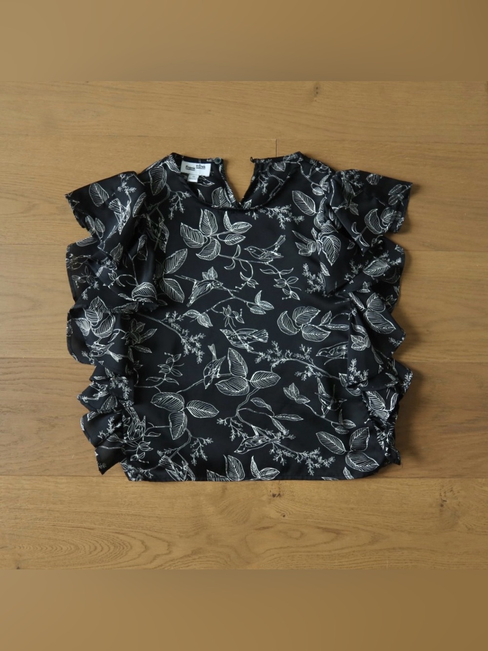 Frank And Oak Black Botanical Ruffle Sleeve Blouse